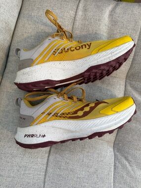 Saucony Yellow and Maroon Ride PWRRUN+ Running Shoes